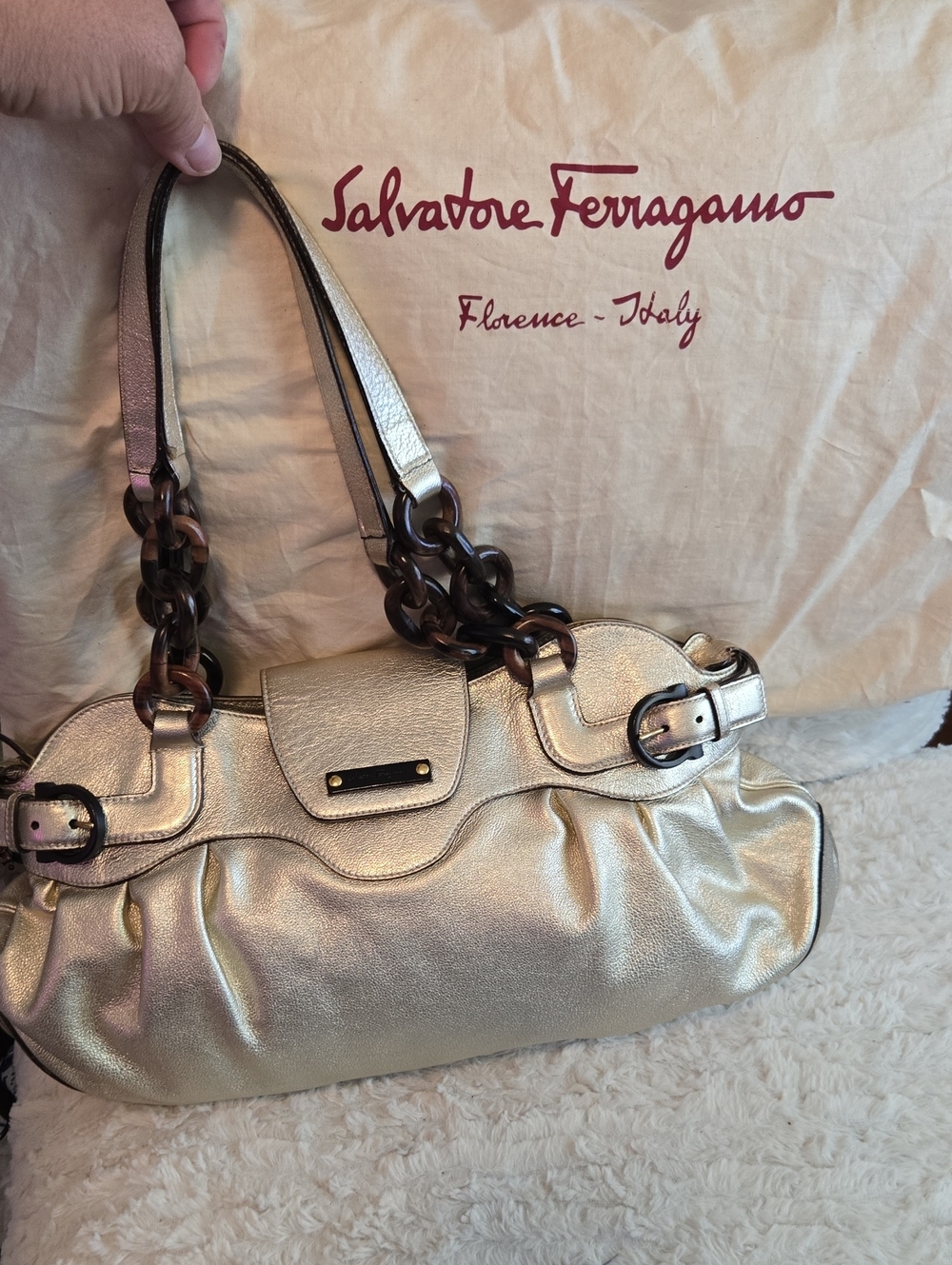 Salvatore Ferragamo Metallic Gold Leather Shoulder Bag with Tortoiseshell Chain